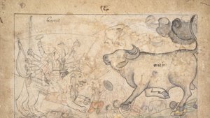 Durga konfronterar Buffalo Demon Mahisha: Scene från Devi Mahatmya, Ka. 1780. av Unbekannt