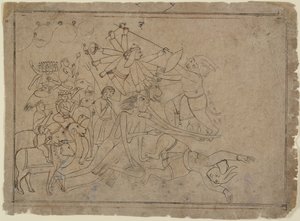 Durga, Kali och matrikerna slåss mot demonen Raktabija: scen från Devi Mahatmya, Ka. 1780. av Unbekannt