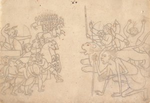 Durga och Kali närmar sig Chandas och Mundas samlade arméer... Devi Mahatmya, ca 1780. av Unbekannt