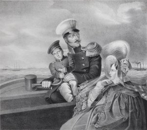 Kejsar Nicholas I och kejsarinnan Alexandra Fyodorovna med sonen Konstantin Nikolaevich på en båttur, av Unbekannt
