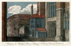 Ingången till Montague Close, och en del av St Savios Church, Southwark, London, 1814 av Unbekannt