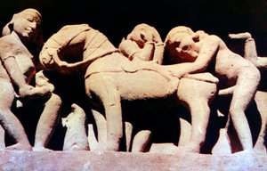 Erotisk skulptur, hinduiskt tempel, Khajuraho, Indien, 950 - 1050