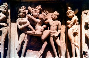 Erotisk skulptur, hinduiskt tempel, Khajuraho, Indien, 950 - 1050