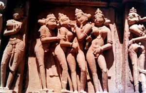Erotisk skulptur, hinduiskt tempel, Khajuraho, Indien, 950 - 1050