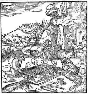Indunstning av krukor med saltlake i en naturlig varm källa för att få salt, 1556 av Unbekannt