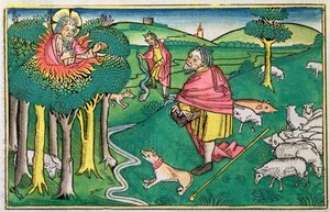 2 Mosebok 3:1-22 och 4:1-4: den brinnande busken och Gud som beväpnar Moses med den mirakulösa staven av Unbekannt