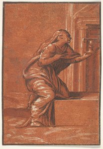 Kvinnlig personifiering av Faith som knäböjer och höjer en kalk i sin vänstra hand, af..., ca. 1520-1560. av Unbekannt