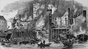 Brand vid Toppings Wharf, London Bridge, 1843, c1843, 1912. av Unbekannt