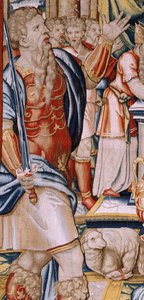 flamländsk gobeläng. Serien Hannibals historia. Hannibals ed (Juramento de Aníbal). Första gobelängen i serien. Tecknad film anonym mästare i Nederländerna. Tillverka Bryssels verkstäder. Ca 1570. Tyg Ull och siden, 6,5/7 varp per cm. Storlek 34 av Unbekannt