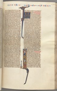 Fol. 199r, Esther, historisk initial, två sittande mansfigurer, ca. 1275-1300. av Unbekannt