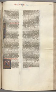 Fol. 353r, Joel, historisk initial V, Joel sittande med en rulla, byst av Gud ovanför, ca. 1275-1300. av Unbekannt