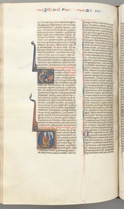 Fol. 358v, Micah, historisk initial V, Mica på knä, Guds byst ovan, ca. 1275-1300. av Unbekannt