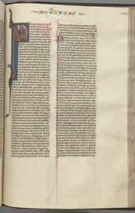 Fol. 449r, Galaterbrevet, historisk initial P, Paulus sittande med ett svärd, ca. 1275-1300. av Unbekannt