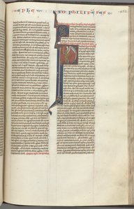 Fol. 452r, Filipperbrevet, historiker initial P, Paulus står med ett svärd och en rulla och pratar med t av Unbekannt