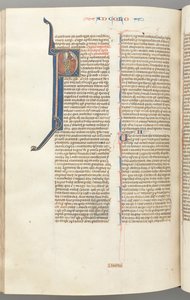 Fol. 453v, Kolosserbrevet, historisk initial P, Paulus står och pratar med Guds byst ovan, ca. 127 av Unbekannt