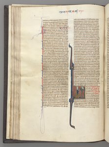 Fol. 46v, Numbers, historisk initial L, Moses med horn, knäböjer inför Gud, ca. 1275-1300. av Unbekannt