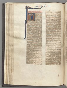Fol. 62v, Femte Mosebok, historisk initial H, Moses med horn och skriftrullepredikan..., ca. 1275-1300 av Unbekannt