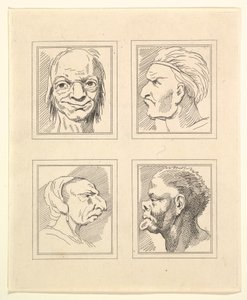 Fyra huvuden från Characaturas av Leonardo da Vinci, från teckningar av Wincelslaus Hollar, o..., 1786. av Unbekannt