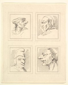 Fyra huvuden från Characaturas av Leonardo da Vinci, från teckningar av Wincelslaus Hollar, o..., 1786. av Unbekannt