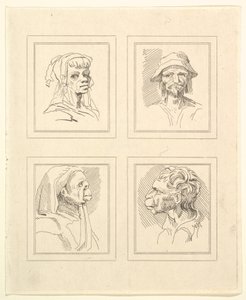 Fyra huvuden från Characaturas av Leonardo da Vinci, från teckningar av Wincelslaus Hollar, o..., 1786. av Unbekannt