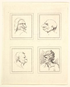 Fyra huvuden från Characaturas av Leonardo da Vinci, från teckningar av Wincelslaus Hollar, o..., 1786. av Unbekannt