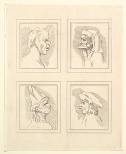 Fyra huvuden från Characaturas av Leonardo da Vinci, från teckningar av Wincelslaus Hollar, o..., 1786. av Unbekannt