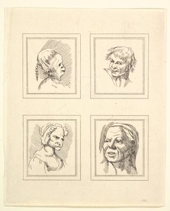 Fyra huvuden från Characaturas av Leonardo da Vinci, från teckningar av Wincelslaus Hollar, o..., 1786. av Unbekannt