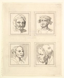 Fyra huvuden från Characaturas av Leonardo da Vinci, från teckningar av Wincelslaus Hollar, o..., 1786. av Unbekannt
