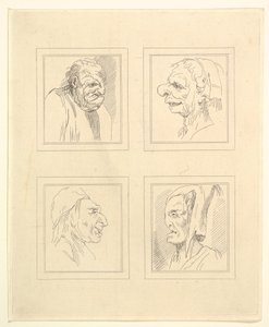 Fyra huvuden från Characaturas av Leonardo da Vinci, från teckningar av Wincelslaus Hollar, o..., 1786. av Unbekannt