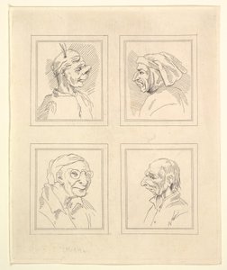Fyra huvuden från Characaturas av Leonardo da Vinci, från teckningar av Wincelslaus Hollar, o..., 1786. av Unbekannt
