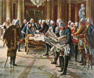 Fredrik den Store håller ett krigsråd med sina generaler, augusti 1756, 1936. av Unbekannt