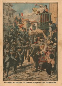 Franska trupper välkomnas entusiastiskt av serberna 1915. av Unbekannt