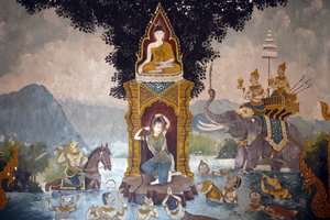 Fresk som visar en scen av Buddhas liv i Wat Phra Doi Suthep, Chiang Mai. Phra Mae Thorani vrider sitt långa hår och strömmar av vatten skapar en översvämning. Thailand av Unbekannt