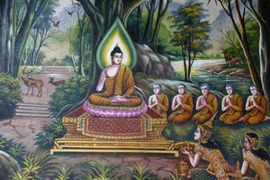 Fresk föreställande Buddha med anhängare i Wat Chiang Mun, Chiang Mai. Thailand av Unbekannt