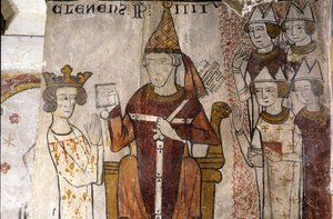 Fresk av Ferrande-tornet i Pernes-les-Fontaines (Pernes les Fontaines, Vaucluse (84)) från 1200-talet: Karl I av Anjou (1226-1285) investerades i kungariket Sicilien den 28/06/1265 av påven Klemens IV (v. 1195-1268). av Unbekannt
