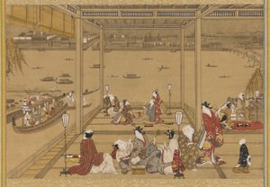 Gladhet i ett tehus vid floden, Edo-perioden, 1700-talet. av Unbekannt