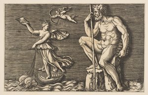 Galatea entkommt Polyphemus, er sitzt auf einem Felsen und hält einen Stab und Pfeifen, ca. 1515-1600