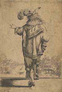 Gentleman sedd bakifrån som indikerar ett landskap, efter 1629. av Unbekannt