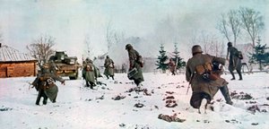 Tyska infanterister följer en stridsvagn mot Moskva i snön, Ryssland, 1941 av Unbekannt
