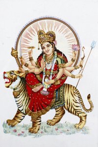Gudinnan Sherawali (Durga) Rider på en tiger Rishikesh Indien av Unbekannt