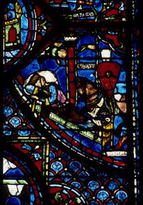 Gotisk arkitektur. Histoire de Charlemagne (detalj): Konstantins vision (I, kejsar bysantinsk). Målat glas av norra ambulatoriet, absidial. Cathedrale de Chartres. av Unbekannt