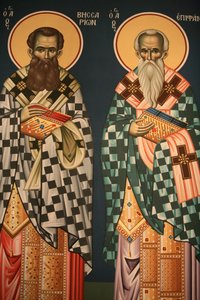 Grekisk-ortodox ikon som föreställer Saint Vissarion och Saint Epiphanos Thessalonique Grekland av Unbekannt
