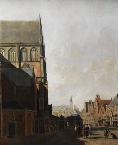 Haarlem, stadsutsikt (stadskyrka och marknadstorg) av Unbekannt