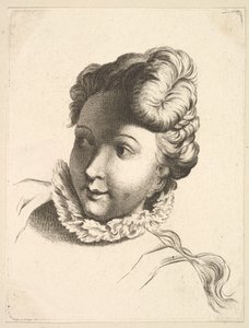 Head of a Woman Wearing a Ruff, från Livre de Têtes Gravées dapres F. Boucher et ..., 1700-tal. av Unbekannt
