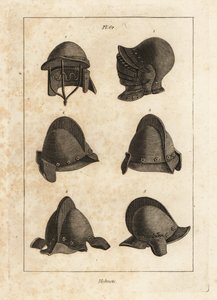 Hjälm med nedåtgående dryck i Tower of London 1, dubbelstång hjälm 2 och rea med oreillets eller hörsnäckor 3-6 av Unbekannt