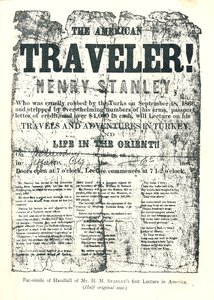 Henry M. Stanley, Handbill från Lecture Tour in America, vid 31 års ålder upptäckte Dr.Livingstone i Afrika av Unbekannt