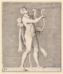 Hercules spelar en lyra, ett lejonskinn draperat över axeln, publicerat ca. 1599-1622. av Unbekannt