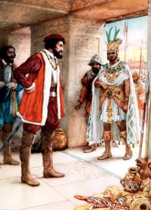 Hernan Cortes möter den aztekiske kejsaren Montezuma, 1519 av Unbekannt
