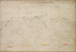 Hinduiska guden Krishna är klädd i damkläder för vårfestivalen Holi, ca. 1790. av Unbekannt