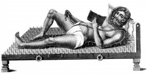 Hinduisk filosof Pararum Soatuntre Perkasanund vilande på en bädd av järnpiggar, 1811 av Unbekannt